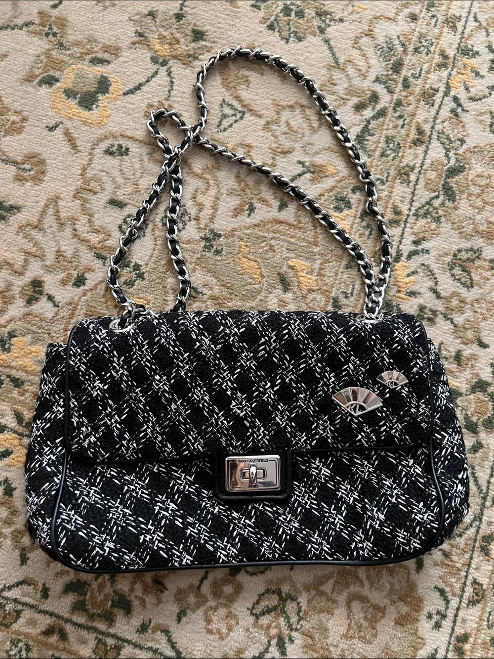Karl Lagerfeld Black & White Tweed Chain Shoulder Bag crossbody